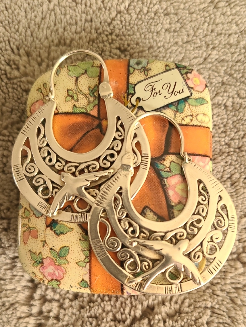 Vintage 70's-80's Gianluca Anzani 925 Signed Sterling Hoops With Doves